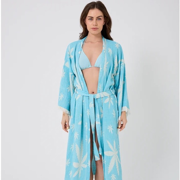 Women's Blue + White Leaf Patterned Robe One Size New 100% Organic Cotton NEW - Picture 12 of 12